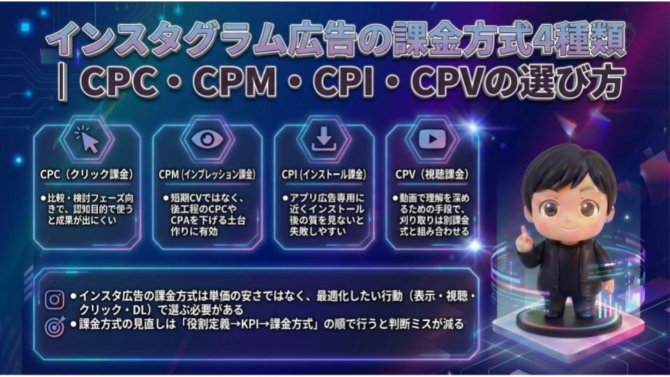 インスタグラム広告の課金方式4種類｜CPC・CPM・CPI・CPVの選び方
